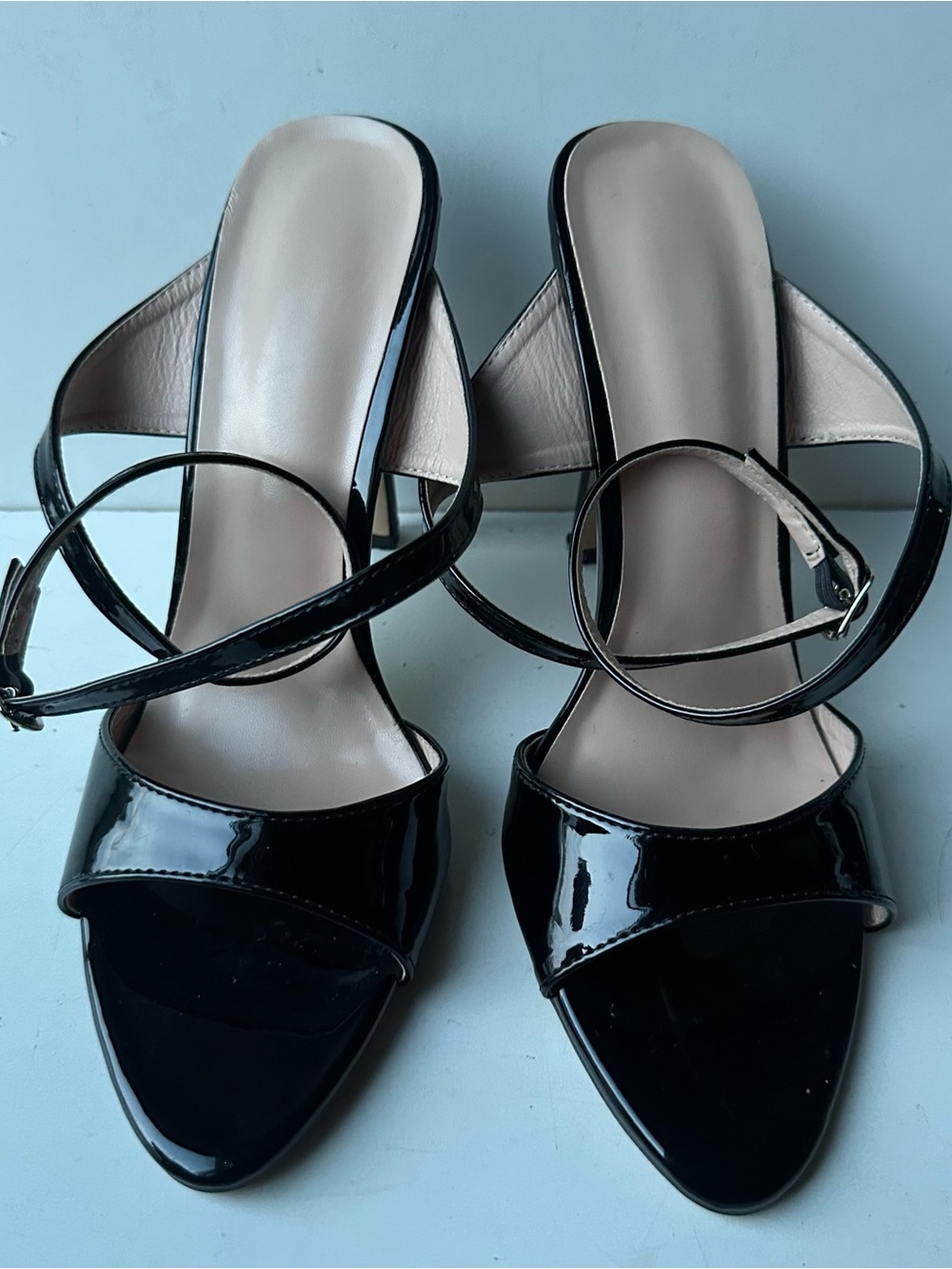 Black Patent Leather Heels Women’s Size 41 Open Toe Strappy Stiletto Sandals